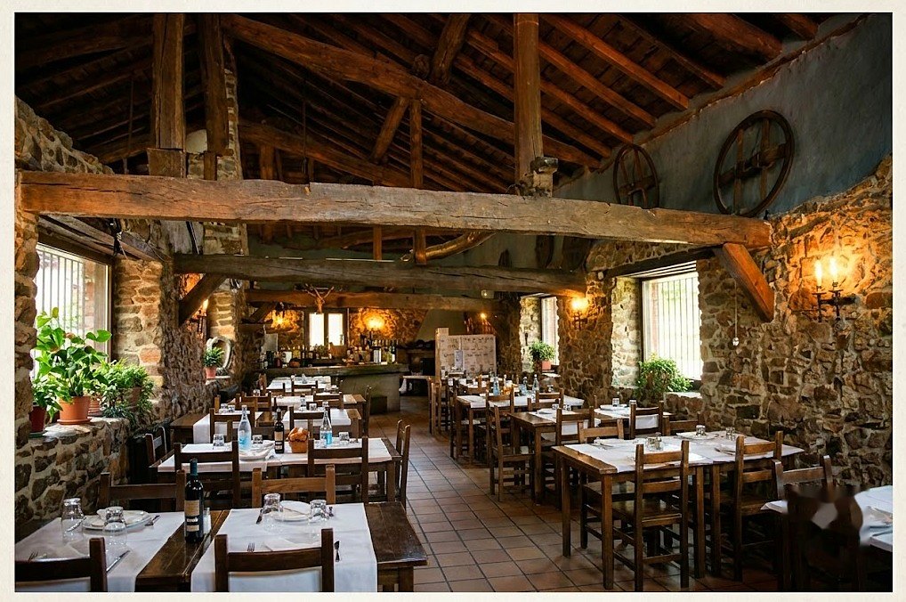 El comedor grande, con las lámparas y la estructura de madera